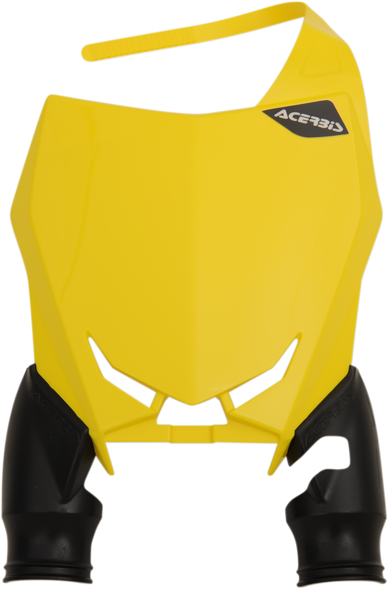 Acerbis Raptor number plate in yellow and black, motorcycle body accessory with bold design, suitable for off-road or motocross bikes.