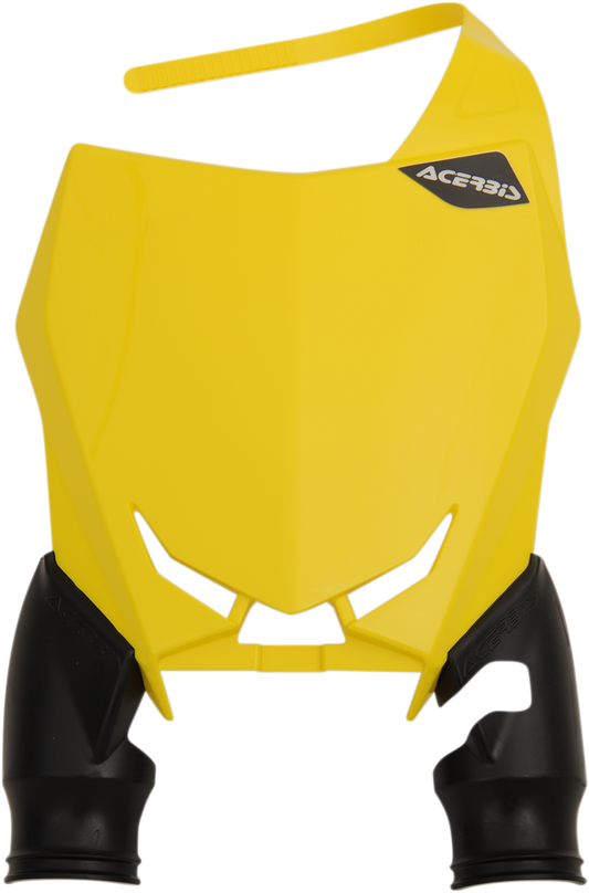 Acerbis Raptor number plate in yellow and black, motorcycle body accessory with bold design, suitable for off-road or motocross bikes.