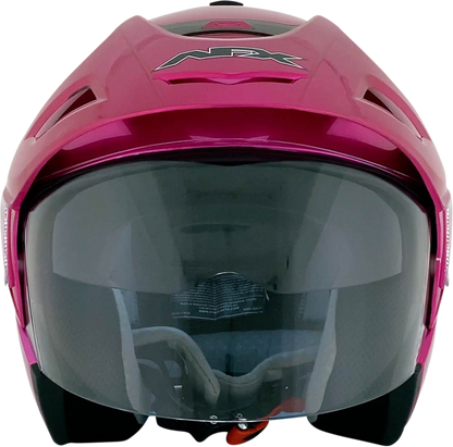 Fuchsia AFX FX-50 helmet by Bill's Exhausts, small size, front view showing sleek design and secure chin strap.