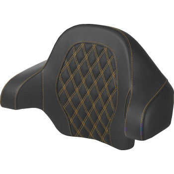 SADDLEMEN Tour-Pak® Backrest Pad with lattice and gold stitching on black leather for Harley FL models 2014-2024.