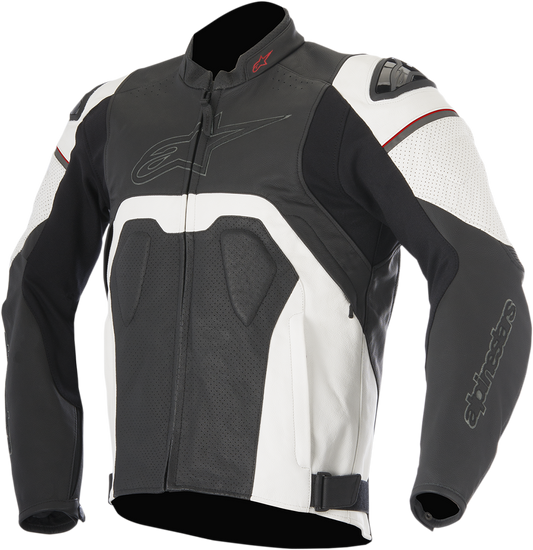 Alpinestars Core Airflow leather jacket in black and white, US size 42, EU size 52, displayed on a hanger.