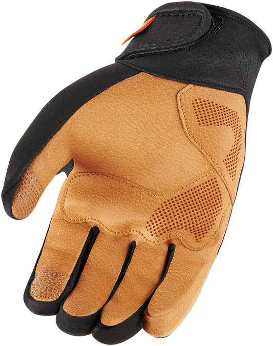Black ICON Nightbreed™ gloves in XL size, featuring padded knuckles and textured palms for motorcycle riding comfort.