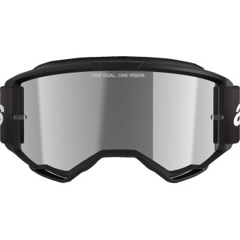 Alpinestars Vision 3 Goggle with black frame and silver mirror lens, featuring a wordmark logo, designed for high-performance riding.