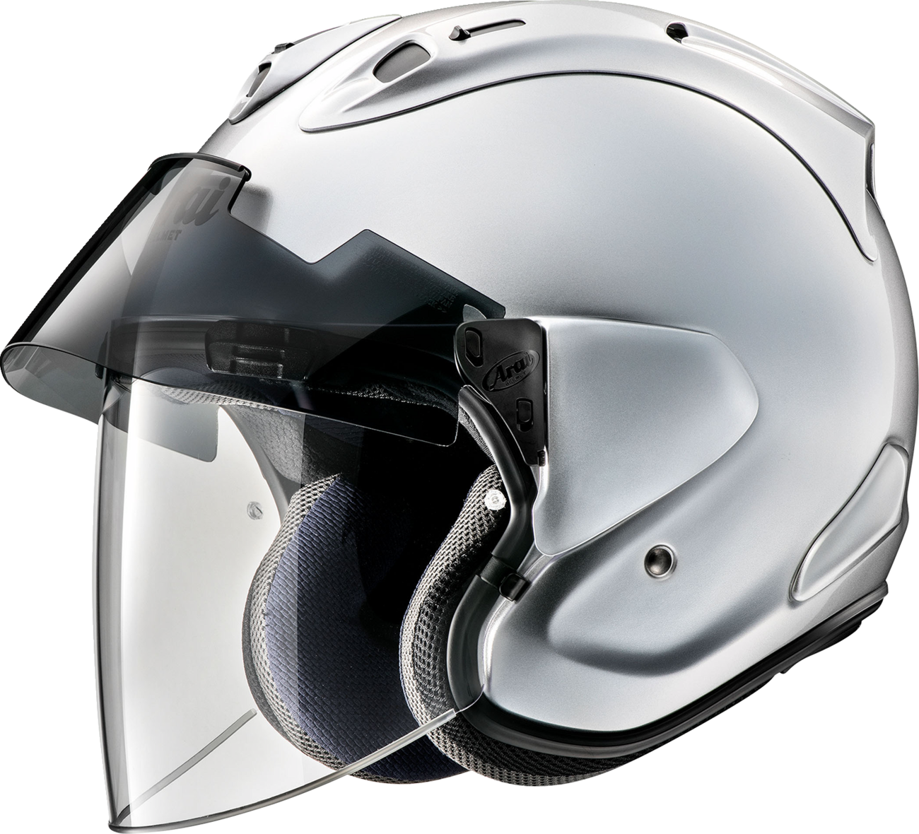 Arai Helmets Ram-X helmet in aluminum silver, small size, featuring sleek design and ventilation openings.
