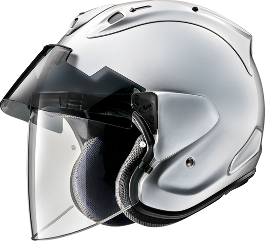 Arai Helmets Ram-X helmet in aluminum silver, small size, featuring sleek design and ventilation openings.