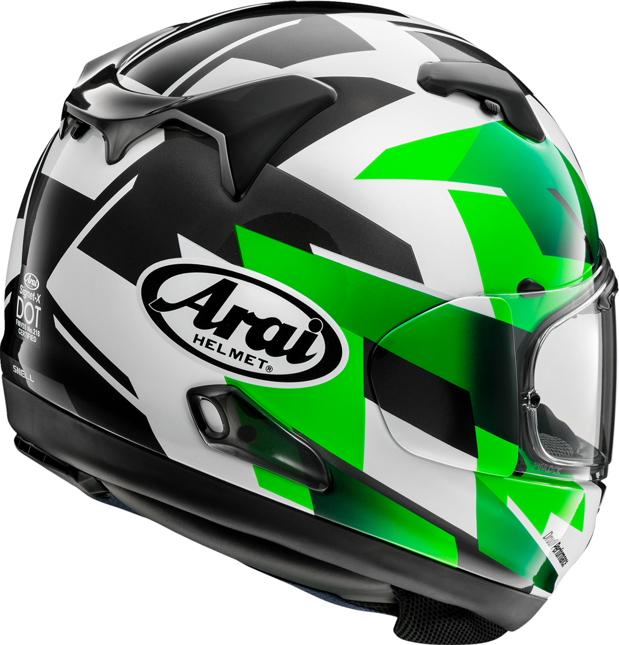 Arai Signet-X motorcycle helmet with Italy flag design, small size, featuring a sleek black and Italian flag graphics.