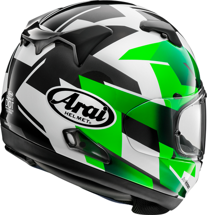 Arai Signet-X motorcycle helmet with Italy flag design, small size, featuring a sleek black and Italian flag graphics.