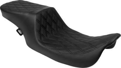 Drag Specialties Predator 2-up black vinyl seat with double diamond stitching for Harley FL models 1997-2007.