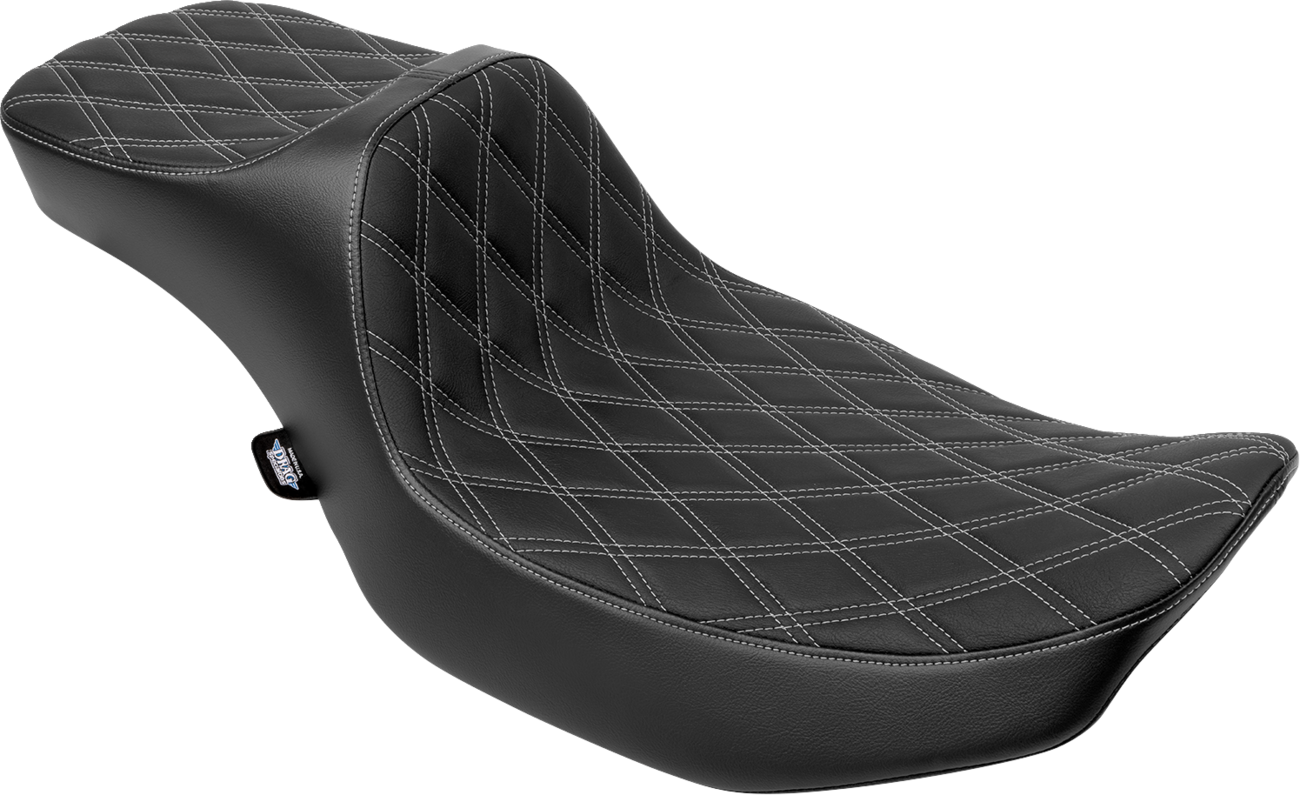 Drag Specialties Predator III extended reach motorcycle seat with silver stitching for Harley FLH/FLT 2023-2024, shown from side view