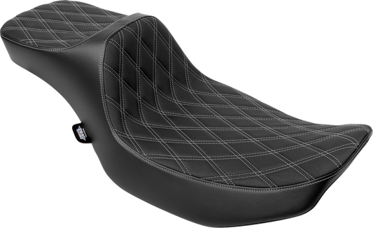 Drag Specialties Predator III extended reach motorcycle seat with silver stitching for Harley FLH/FLT 2023-2024, shown from side view