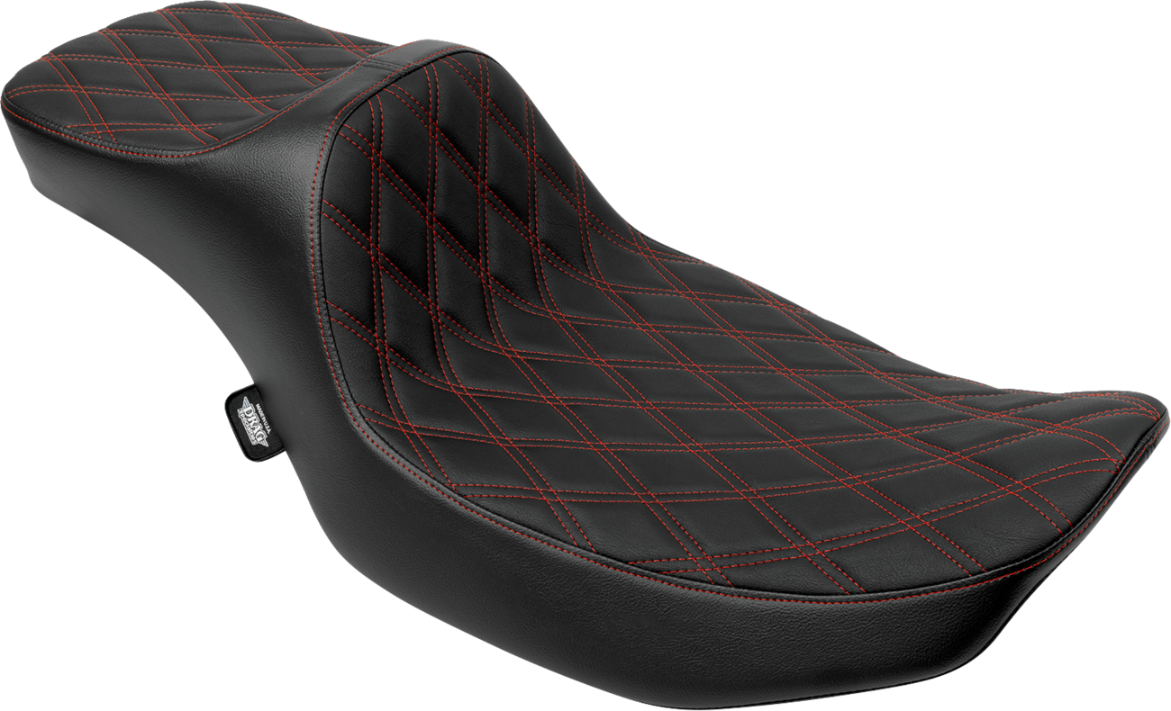 Drag Specialties Predator III Extended Reach seat for FLH/FLT bikes, double diamond vinyl with red stitching, 2023-2024.