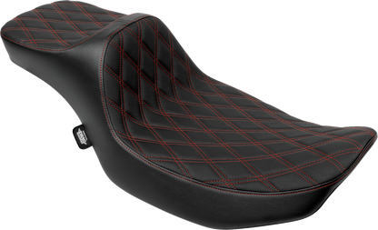 Drag Specialties Predator III Extended Reach seat for FLH/FLT bikes, double diamond vinyl with red stitching, 2023-2024.