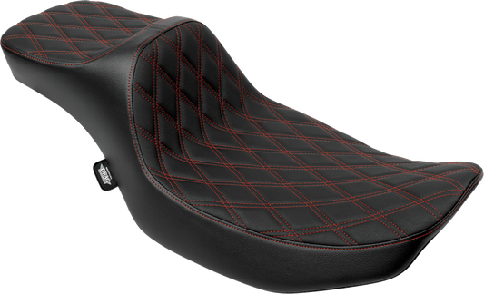 Drag Specialties Predator III Extended Reach seat for FLH/FLT bikes, double diamond vinyl with red stitching, 2023-2024.