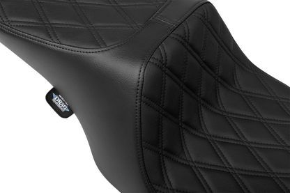 Drag Specialties Predator 2-up seat for Harley FL 1997-2007, black vinyl with diamond stitching, designed for comfortable riding.