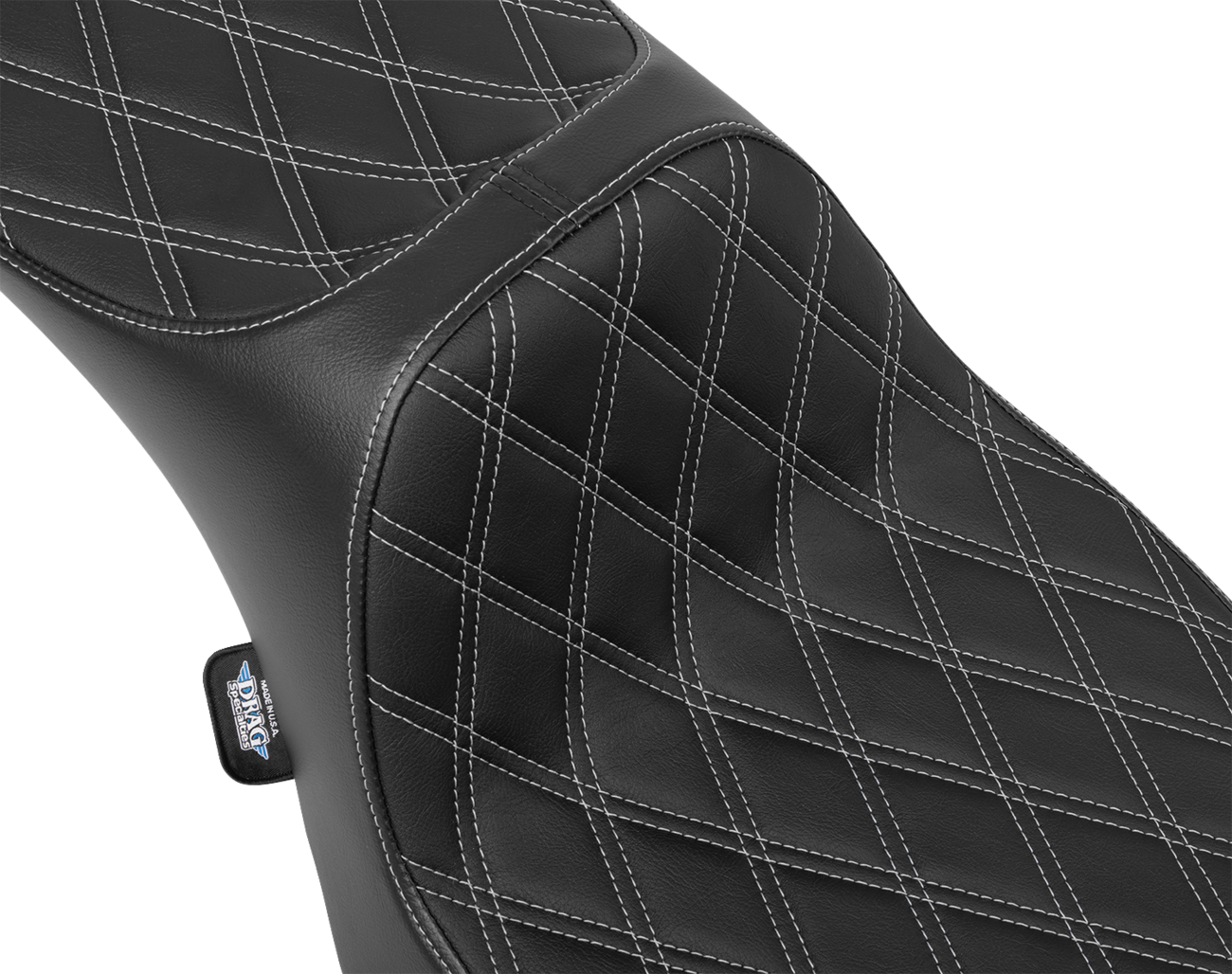 Drag Specialties Predator III extended reach motorcycle seat with silver stitching for Harley FLH/FLT 2023-2024, showing the seat's sleek design.