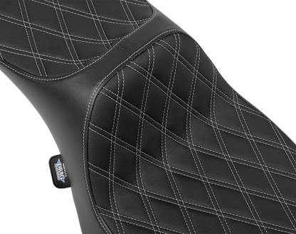 Drag Specialties Predator III extended reach motorcycle seat with silver stitching for Harley FLH/FLT 2023-2024, showing the seat's sleek design.