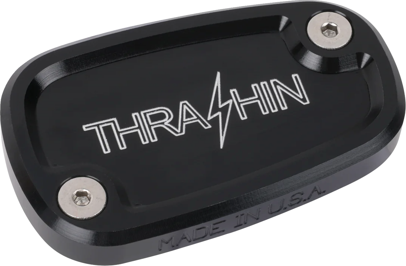 Black rear brake reservoir cap by THRASHIN SUPPLY CO. for '18+ Softail motorcycles, featuring Twice Cut design.