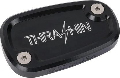 Black rear brake reservoir cap by THRASHIN SUPPLY CO. for '18+ Softail motorcycles, featuring Twice Cut design.