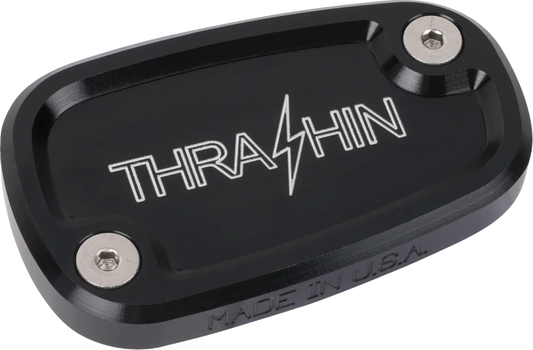 Black rear brake reservoir cap by THRASHIN SUPPLY CO. for '18+ Softail motorcycles, featuring Twice Cut design.