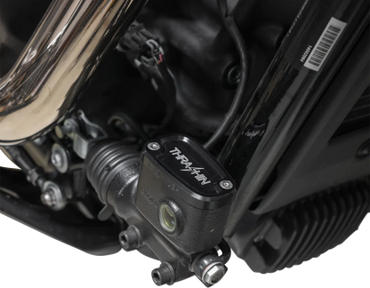 Black rear brake reservoir cap by THRASHIN SUPPLY CO. for '18+ Softail motorcycles, featuring Twice Cut design.