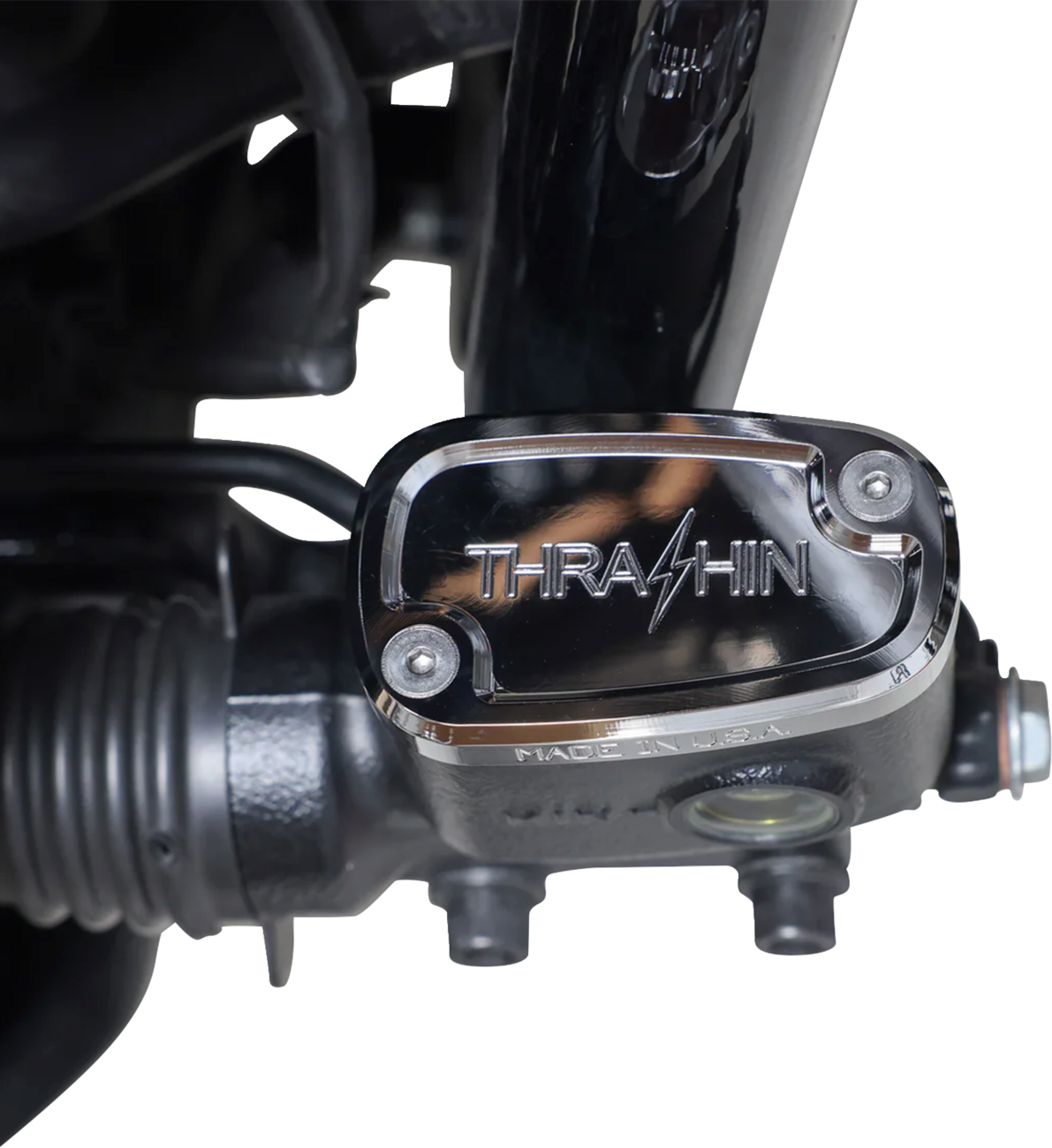 Chrome rear brake reservoir cap for Harley Softail 2018+ by THRASHIN SUPPLY CO., fits Harley Softail models.