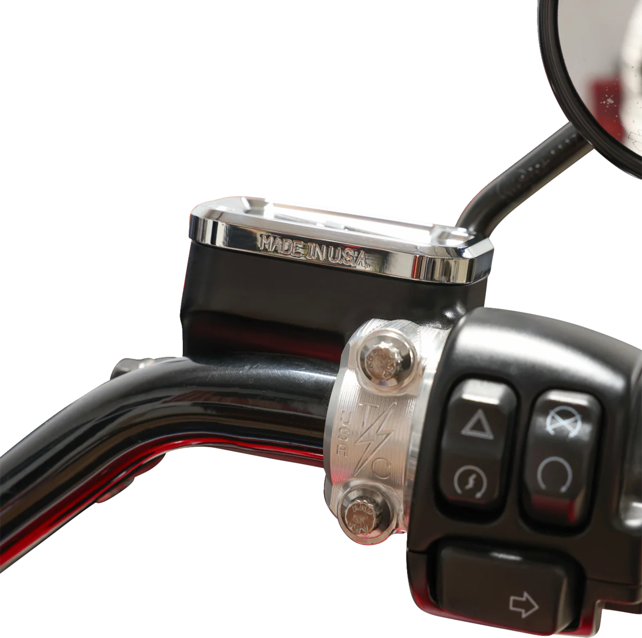 Chrome front brake master cylinder cover by THRASHIN SUPPLY CO., with engraved branding, designed for motorcycle braking systems.