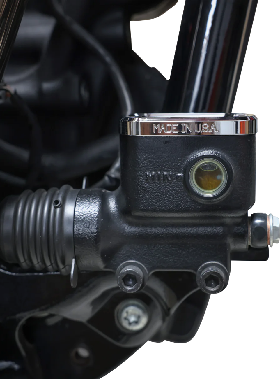 Chrome brake reservoir cap for Harley Softail from THRASHIN SUPPLY CO., fits 2018+ models, enhances rear brake system appearance.