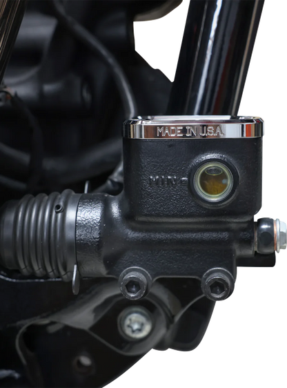Chrome brake reservoir cap for Harley Softail from THRASHIN SUPPLY CO., fits 2018+ models, enhances rear brake system appearance.