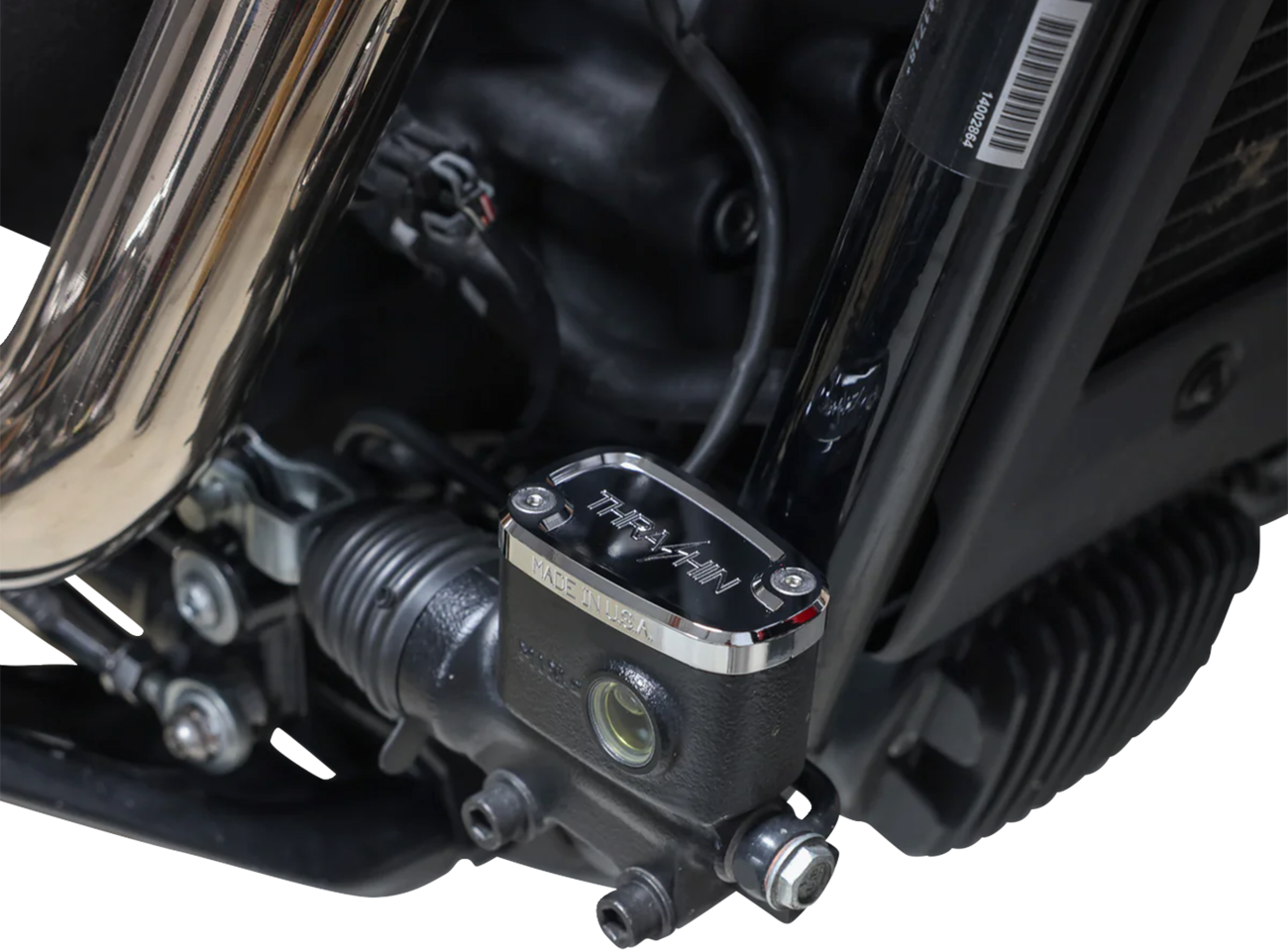 Chrome rear brake reservoir cap for Harley Softail, part TSC-3177-3, by THRASHIN SUPPLY CO., fits 2018 and newer models.