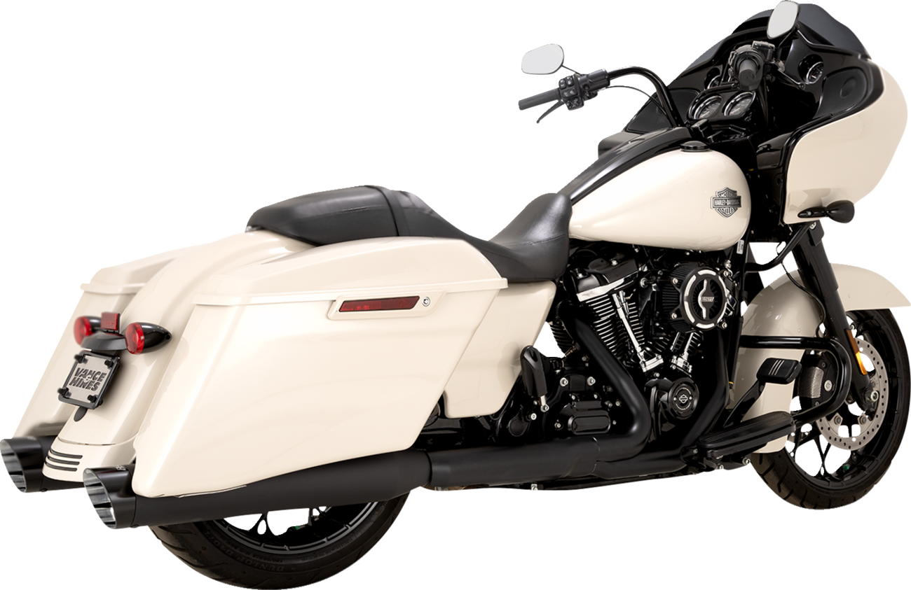 VANCE & HINES Razorback 450 slip-on mufflers for M8 Bagger in black, shown on motorcycle exhaust system.