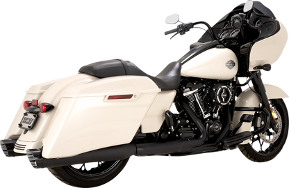VANCE & HINES Razorback 450 slip-on mufflers for M8 Bagger in black, shown on motorcycle exhaust system.