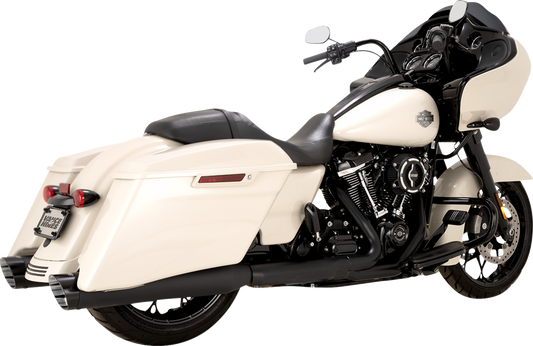 VANCE & HINES Razorback 450 slip-on mufflers for M8 Bagger in black, shown on motorcycle exhaust system.