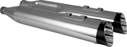Chrome Vance & Hines Razorback 450 slip-on mufflers for M8 Bagger motorcycle, showcasing sleek design and polished finish.