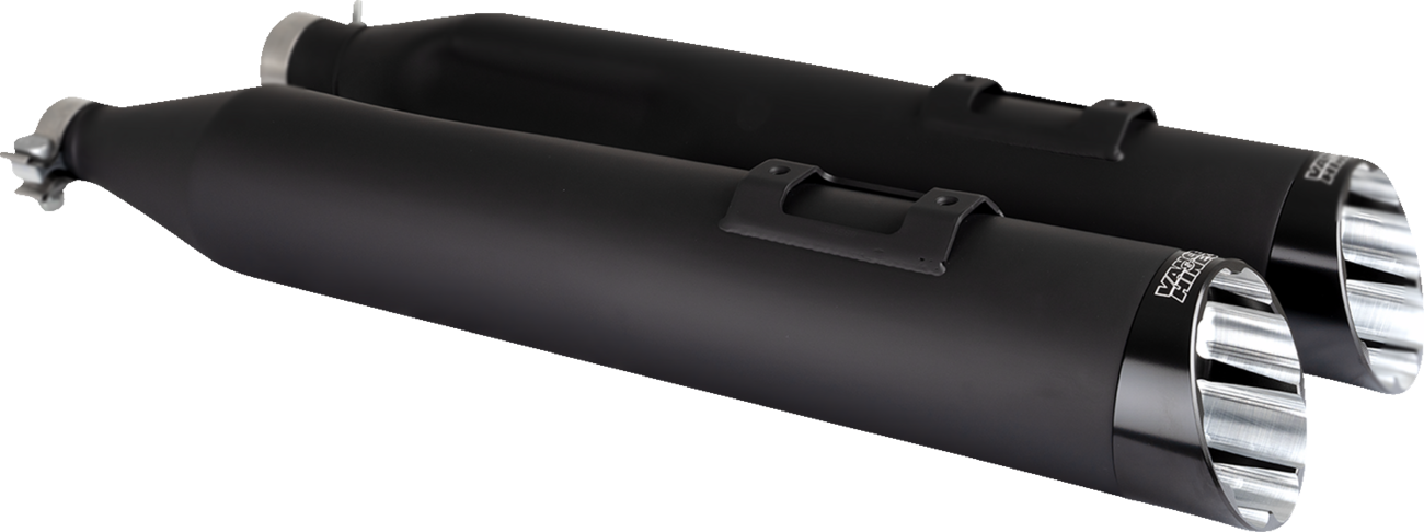 VANCE & HINES Razorback 450 slip-on mufflers for M8 Bagger, black finish, with chrome accents, part #47960, shown on motorcycle