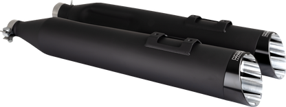 VANCE & HINES Razorback 450 slip-on mufflers for M8 Bagger, black finish, with chrome accents, part #47960, shown on motorcycle