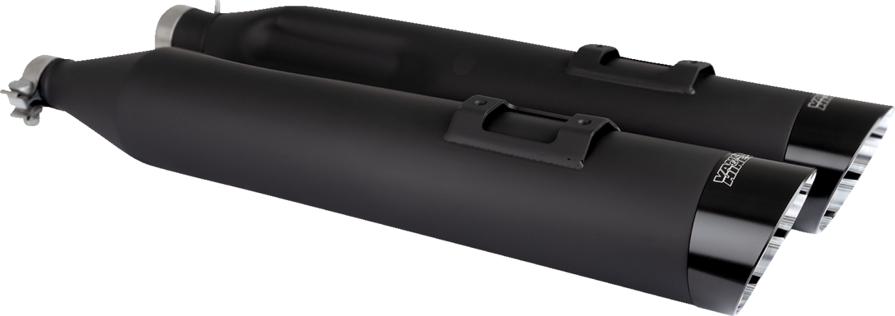 VANCE & HINES Razorback 450 slip-on mufflers for M8 Bagger, black finish, with part number 47960, shown on motorcycle exhaust system.