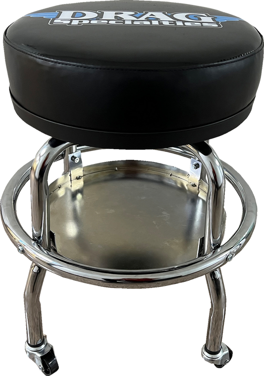 DRAG SPECIALTIES mechanic bar stool with chrome finish and 22-inch height, featuring a sturdy seat and adjustable height.