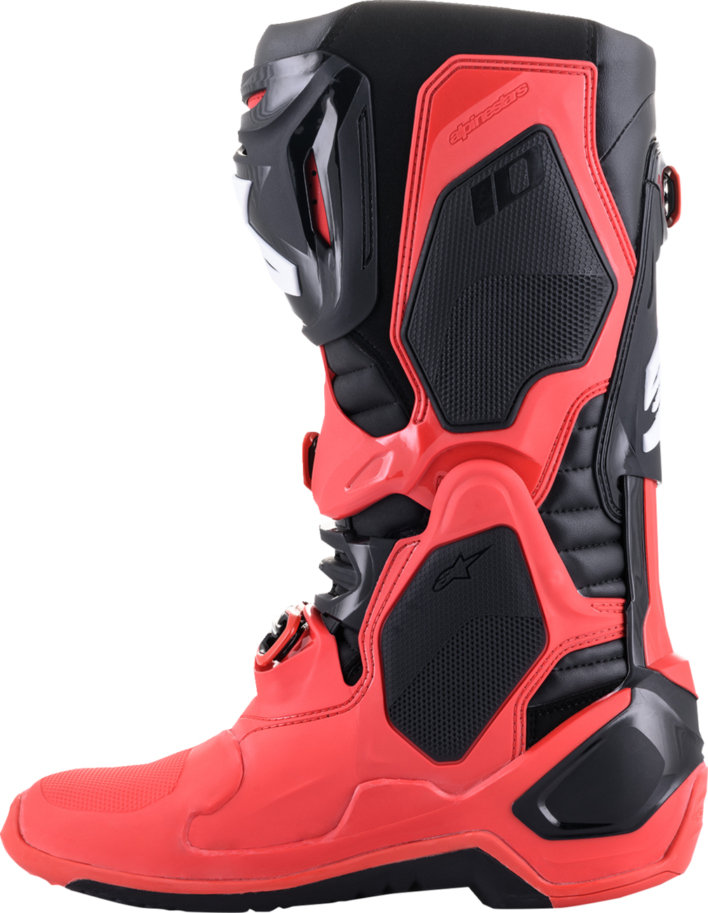 Alpinestars Tech 10 Acumen motorcycle boots in black and red, US size 10, with protective design and sturdy construction.