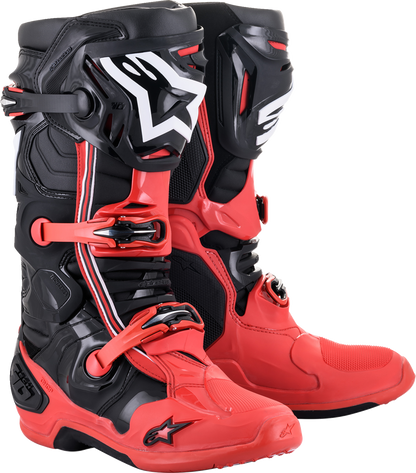 Alpinestars Tech 10 Acumen motorcycle boots in black and red, US size 8, featuring protective design and sturdy construction.