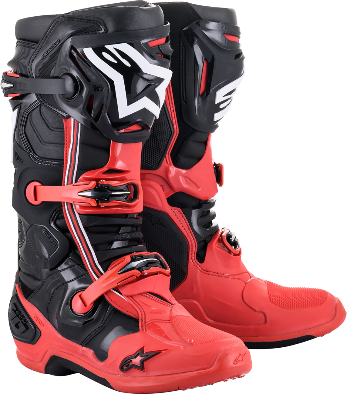 Alpinestars Tech 10 Acumen motorcycle boots in black and red with sturdy design, US size 12, on a plain background.