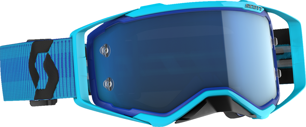 Scott Prospect goggles in blue and black with blue chrome accents, designed for motorcycle riding, by Bill's Exhausts.