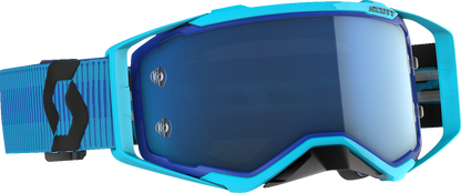 Scott Prospect goggles in blue and black with blue chrome accents, designed for motorcycle riding, by Bill's Exhausts.