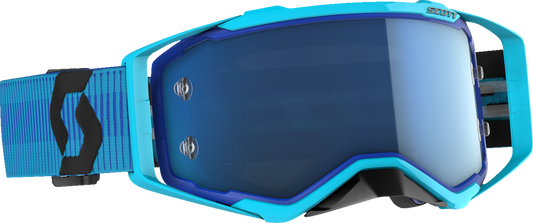Scott Prospect goggles in blue and black with blue chrome accents, designed for motorcycle riding, by Bill's Exhausts.