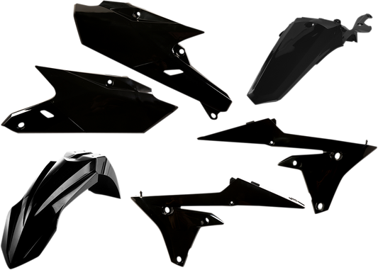 A black Acerbis standard replacement body kit for motorcycles, shown assembled with sleek, durable plastic panels.