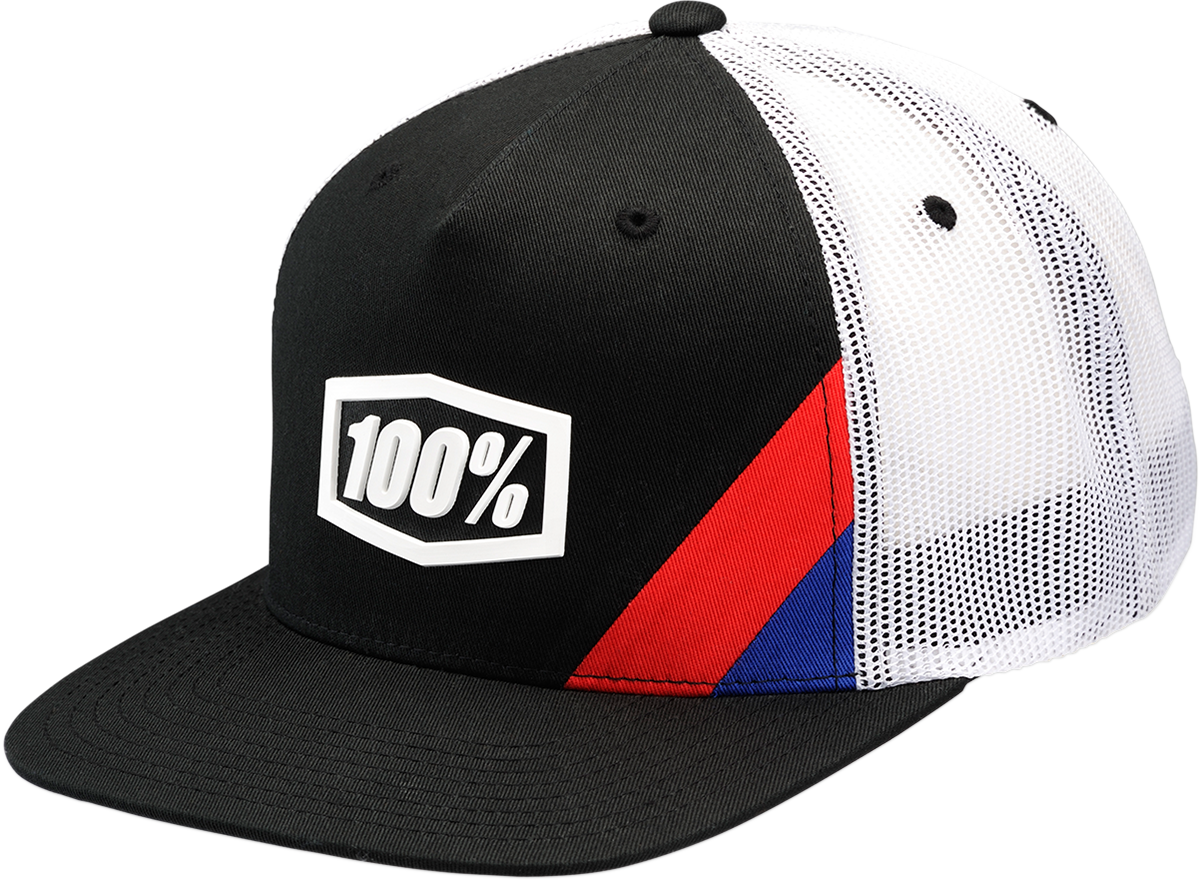 Black 100% Youth Cornerstone Trucker Hat by Bill's Exhausts with mesh back and adjustable strap.