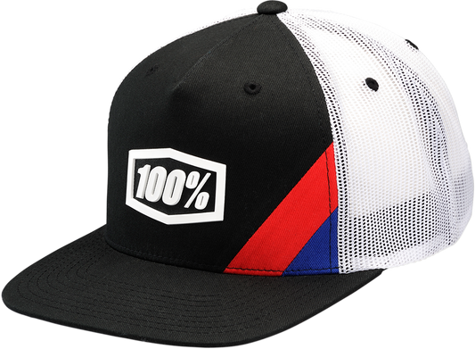 Black 100% Youth Cornerstone Trucker Hat by Bill's Exhausts with mesh back and adjustable strap.