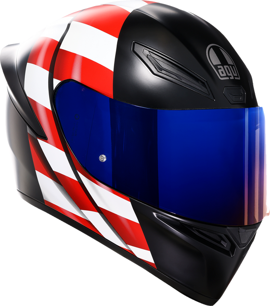 AGV K1 S motorcycle helmet with US flag design in red, white, and blue, size large, showing the helmet's patriotic graphics.