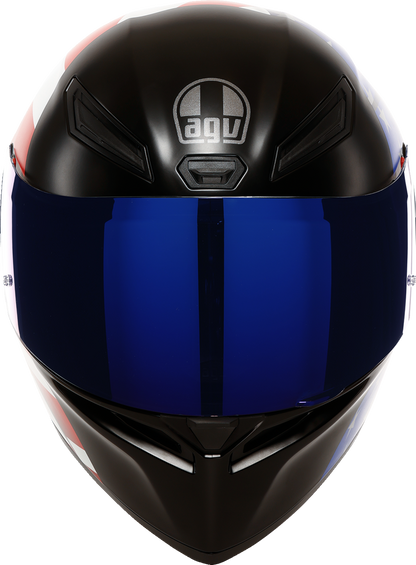 AGV K1 S helmet with US flag design in red, white, and blue, shown in size XL with detailed helmet graphics.
