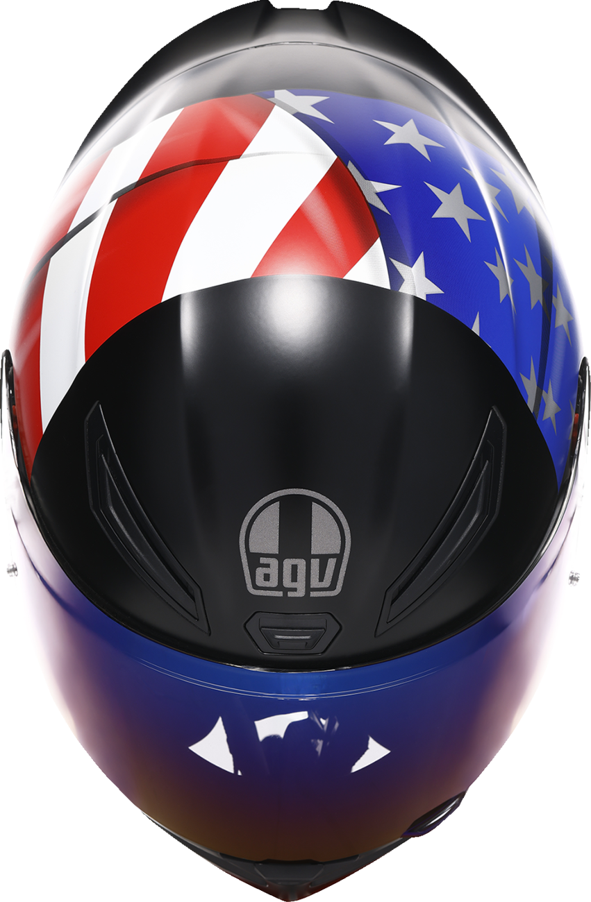 AGV K1 S helmet with US flag design in red, white, and blue, shown in large size with detailed helmet graphics.