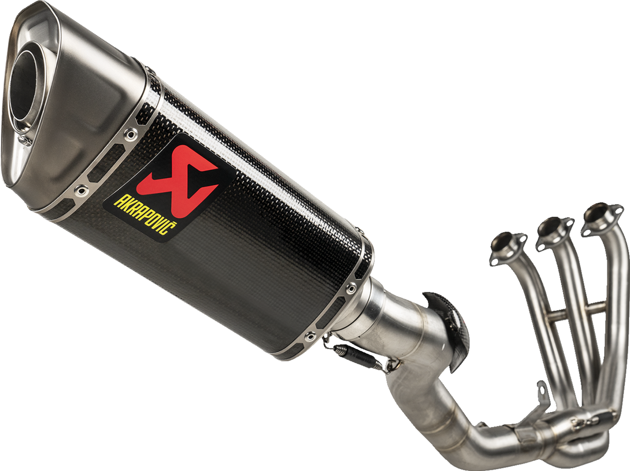 AKRAPOVIC Racing Line exhaust system with carbon fiber finish for Yamaha Tracer 9 motorcycle, showcasing sleek design and high-performance build.
